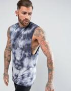 Asos Longline Sleeveless T-shirt With Dropped Armhole In Inky Tie Dye - Navy