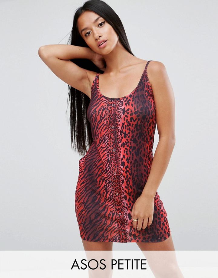Asos Petite Mini Dress With Popper Detail In Red Leopard - Red