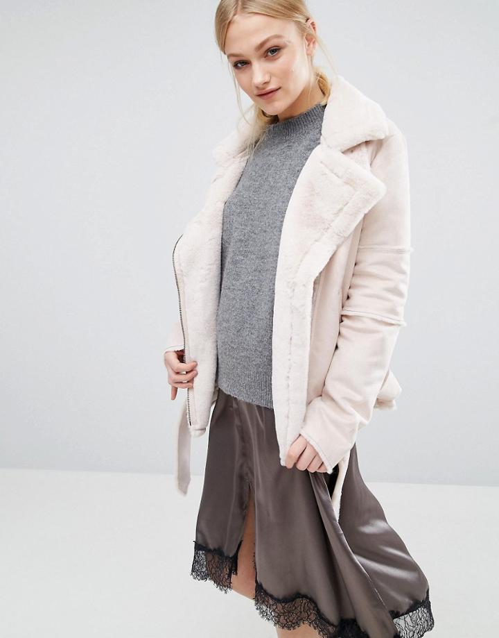 J.o.a Biker Jacket In Faux Shearling - Cream