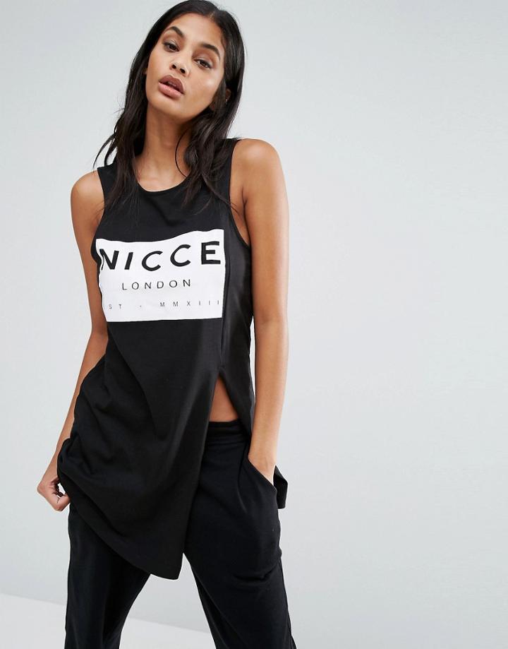 Nicce London Logo Top With Side Splits - Black