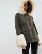 Asos Parka With Faux Fur Collar And Cuff - Green
