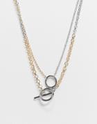 Asos Design Multirow Necklace In Belcher Chain With Tbar In Mixed Tone