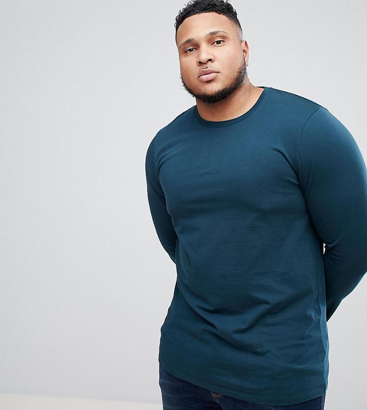 Asos Plus Longline Long Sleeve T-shirt In Green - Green