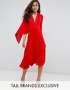 John Zack Tall Lace Panel Midi Skater Dress With Cape Detail - Red
