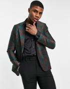 Devils Advocate Skinny Fit Tapestry Print Blazer-green
