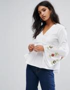 Prettylittlething Embroidered Flare Sleeve Blouse - White