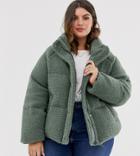 Asos Design Curve Fleece Puffer Jacket In Sage - Green