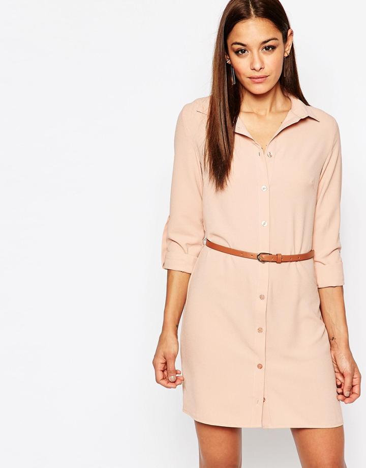 Missguided Belted Shirt Dress - Beige
