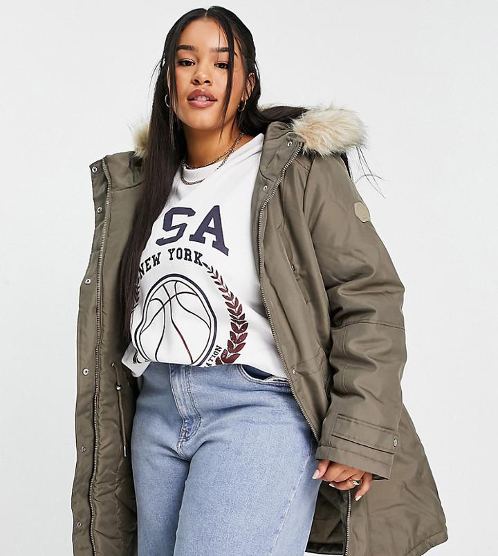 Vero Moda Curve Parka With Faux Fur Lined Hood In Khaki-green