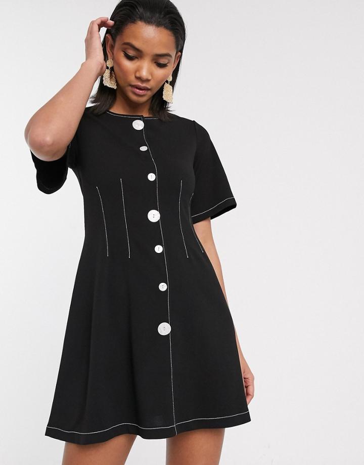 Asos Design Contrast Stitch Button Through Mini Dress-black
