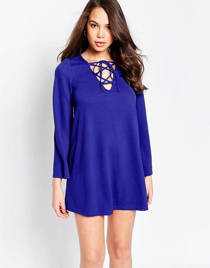 Ax Paris Lace Up Swing Dress - Blue