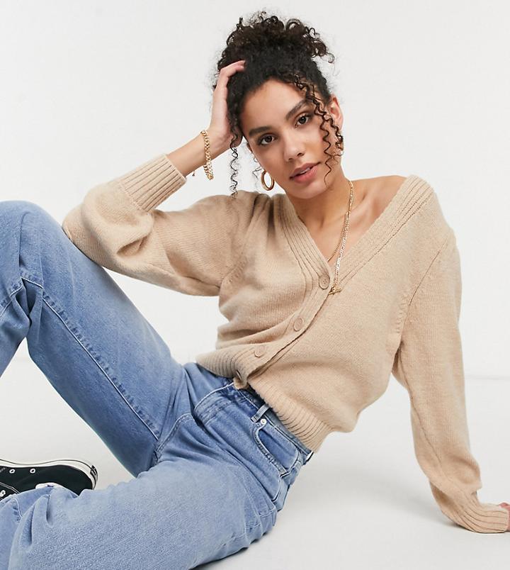 Asos Design Tall V-neck Cardigan With Puff Sleeves In Beige-green