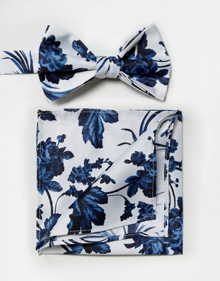 Asos Wedding Bow Tie & Pocket Square In Blue Floral Print - Multi
