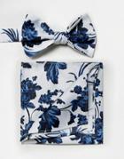 Asos Wedding Bow Tie & Pocket Square In Blue Floral Print - Multi