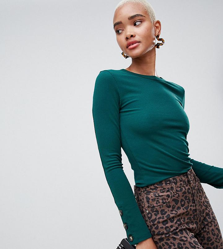 Stradivarius Long Sleeve Ribbed Top With Button Sleeve Detail