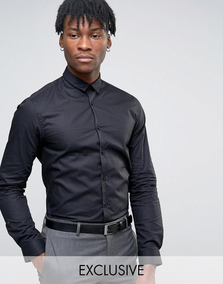 Noak Long Sleeve Shirt In Skinny Fit With Curved Hem - Black