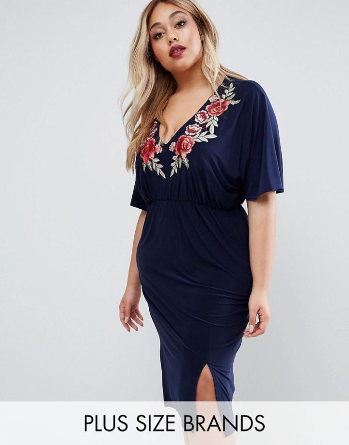 Club L Plus Midi Dress With Embroidered Plunge Neckline - Navy