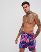 Asos Design Swim Shorts With Pink Floral Print In Mid Length - Pink