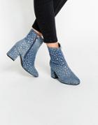 Daisy Street Star Print Denim Heeled Ankle Boots - Denim Stars