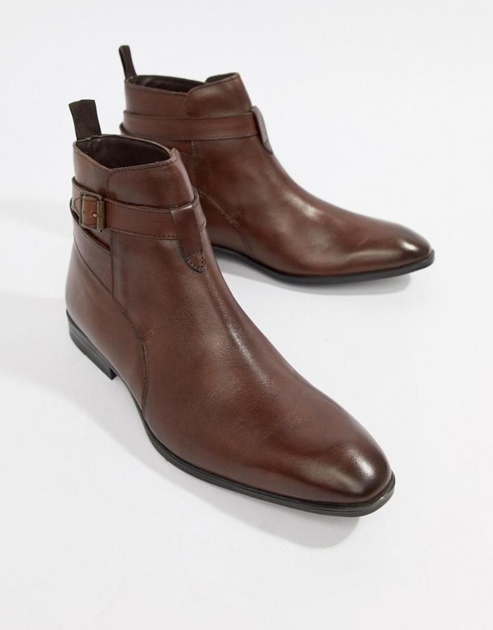 Asos Design Chelsea Boots In Brown Leather With Strap Detail - Brown