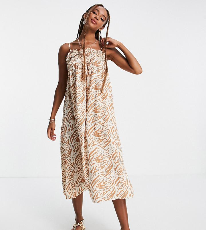 Noisy May Exclusive Cami Trapeze Midi Dress In Tan Animal Print-multi