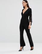 Ax Paris Jumpsuit With Crochet Sleeve Detail - Black