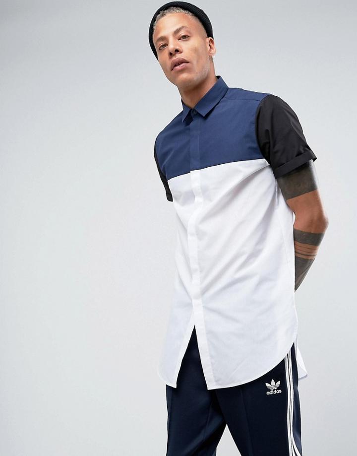 Asos Regular Fit Super Longline Cut And Sew Shirt With Black And Navy Panels - White