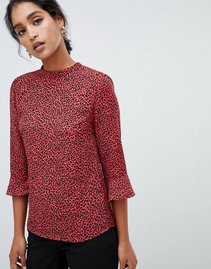 Oasis Blouse With Flute Sleeves In Red Leopard Print - Multi