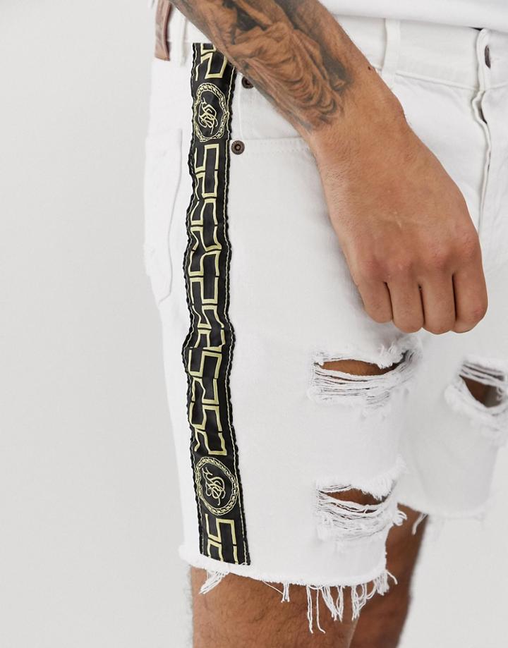 Siksilk Denim Shorts In White With Gold Side Stripe