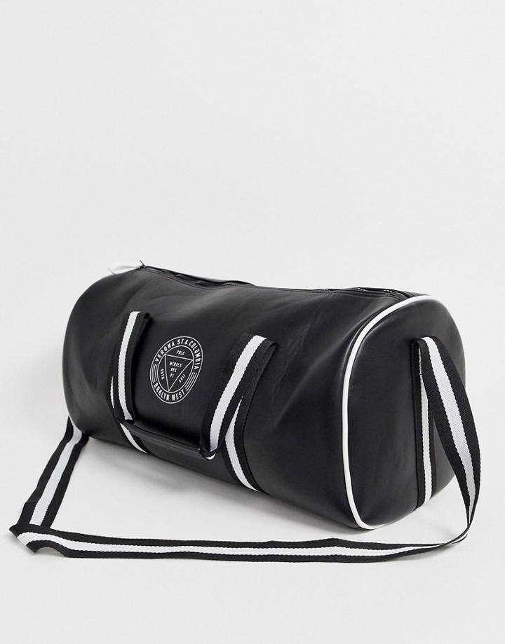 Asos Design Faux Leather Barrel Bag In Black With Contrast Striped Straps And Red