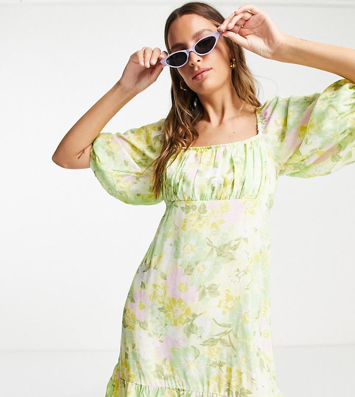River Island Tall Cross Back Puff Sleeve Floral Mini Dress In Green