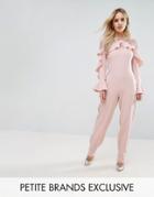 John Zack Petite Ruffle Front Detail Jumpsuit With Lace Sleeve - Pink