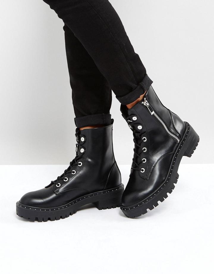 Stradivarius Zip Side Chunky Ankle Boots - Black