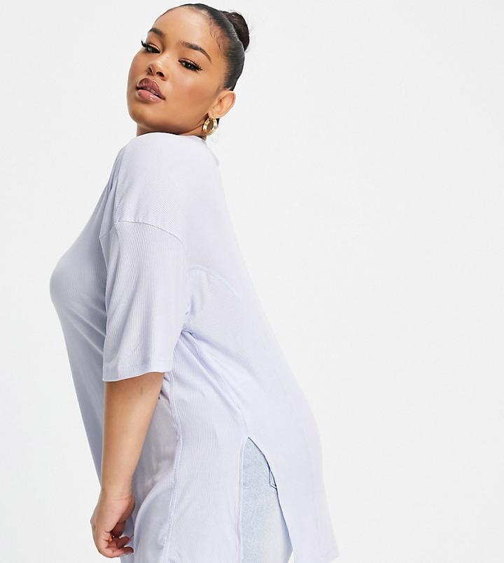 Asos Design Curve Oversized T-shirt With Side Splits And Stitch Detail In Rib In Blue-blues