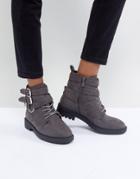 Raid Helena Gray Multi Buckle Grunge Flat Ankle Boots - Gray