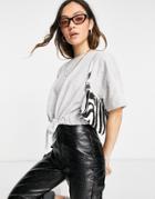 Only Crop T-shirt Set With Tie Waist In Gray-grey