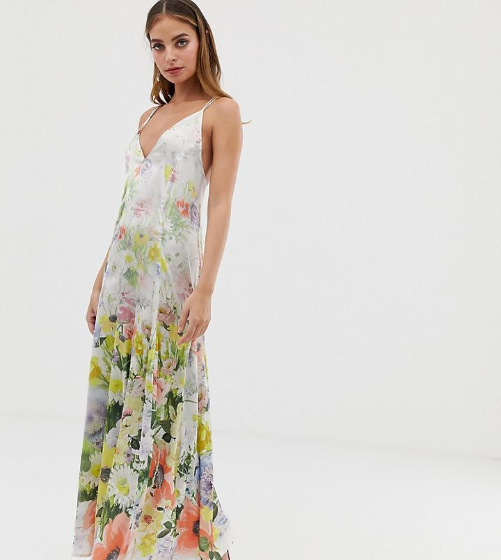 Asos Design Petite Cami Satin Trapeze Maxi Dress In Meadow Floral Print-multi