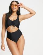 New Look Ruched Detail Cut Out Swimsuit In Black