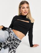 Asos Design Long Sleeve Top With Cut Out And Lettuce Edge In Black