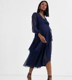 Asos Maternity Wrap Waist Midi Dress With Double Layer Skirt And Long Sleeve-multi