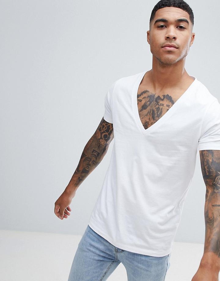 Asos Design T-shirt With Super Deep V Neck - White