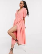 Y.a.s Wrap Midi Dress With Puff Sleeve In Textured Peach-pink