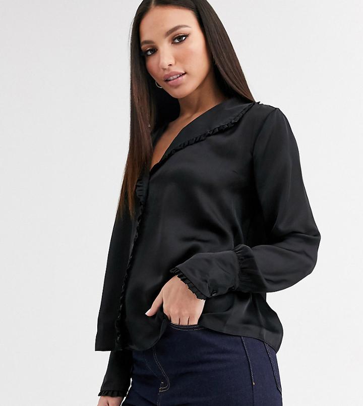 Asos Design Tall Long Sleeve Blouse With Frill Collar Detail-black