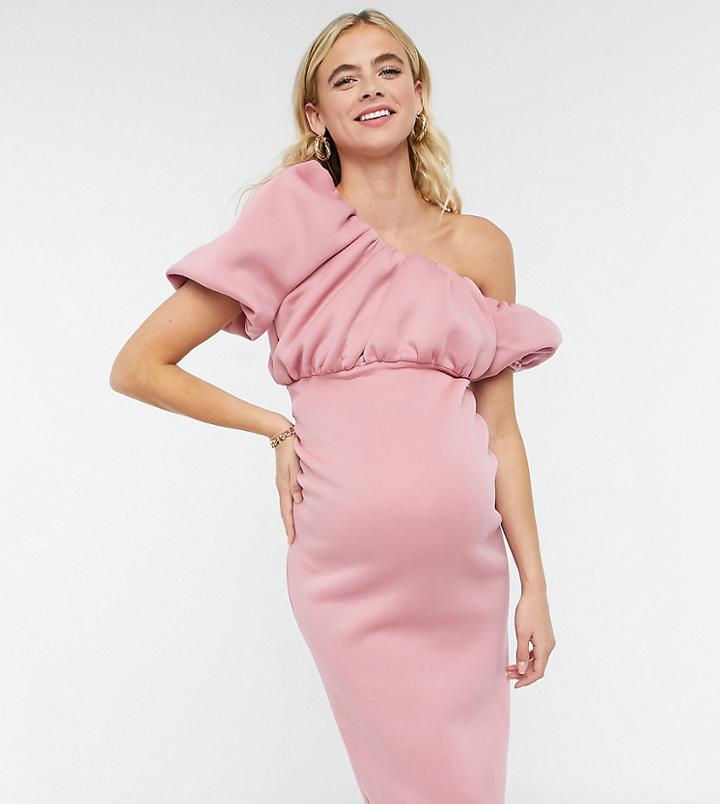Asos Design Maternity Exclusive One-shoulder Bubble Neckline Pencil Midi Dress In Pink