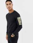 Asos Design Longline Long Sleeve T-shirt With Sartorial Sleeve Taping In Gold - Black