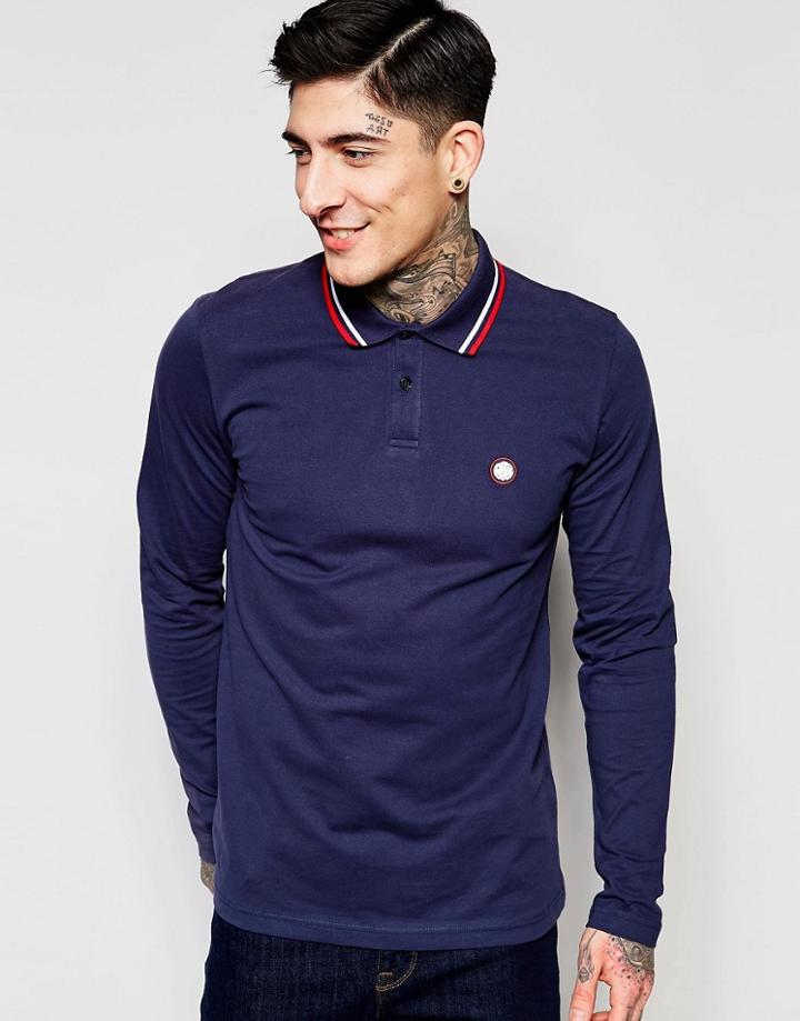Pretty Green Polo Shirt With Tipping In Long Sleeves Navy - Navy