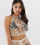 Missguided Petite Two-piece Crochet Knit Halterneck Crop Top In White With Sequins - White