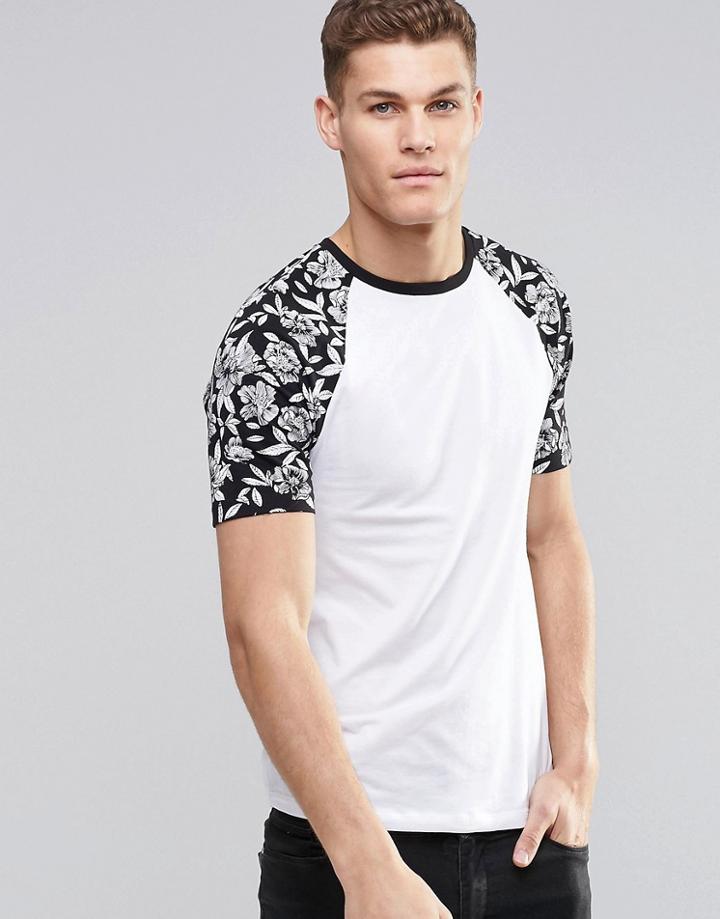 Asos Longline Muscle T-shirt With Monochrome Floral Raglan Sleeves - White