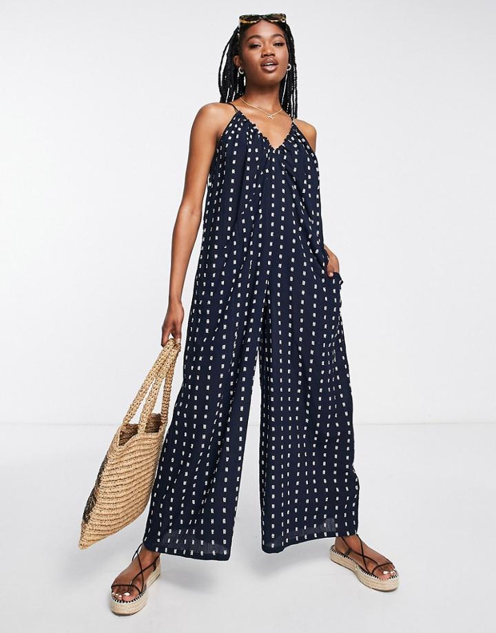 Asos Design Strappy Jumpsuit With Ruched Neck In Textured Print-navy