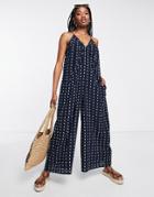 Asos Design Strappy Jumpsuit With Ruched Neck In Textured Print-navy